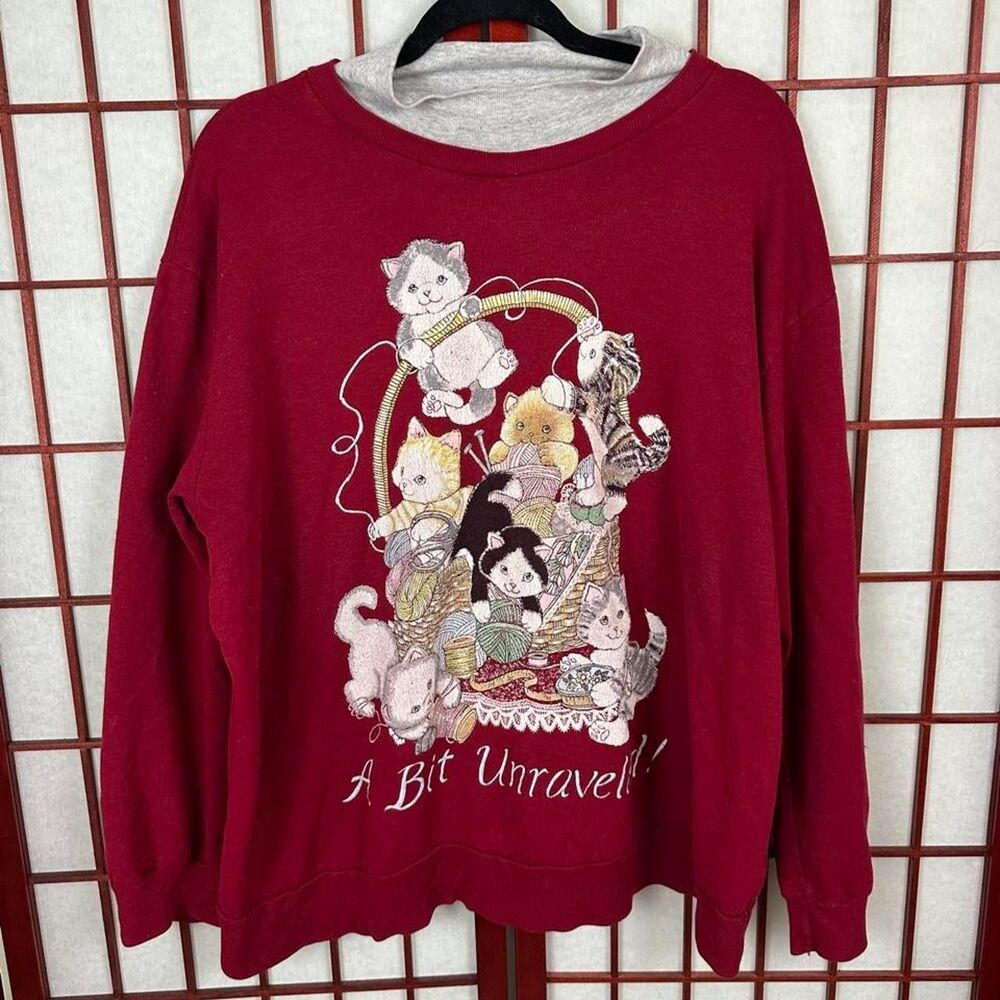 Vintage 90s Double Collar Red Cat Graphic Grandma Sweater 1x